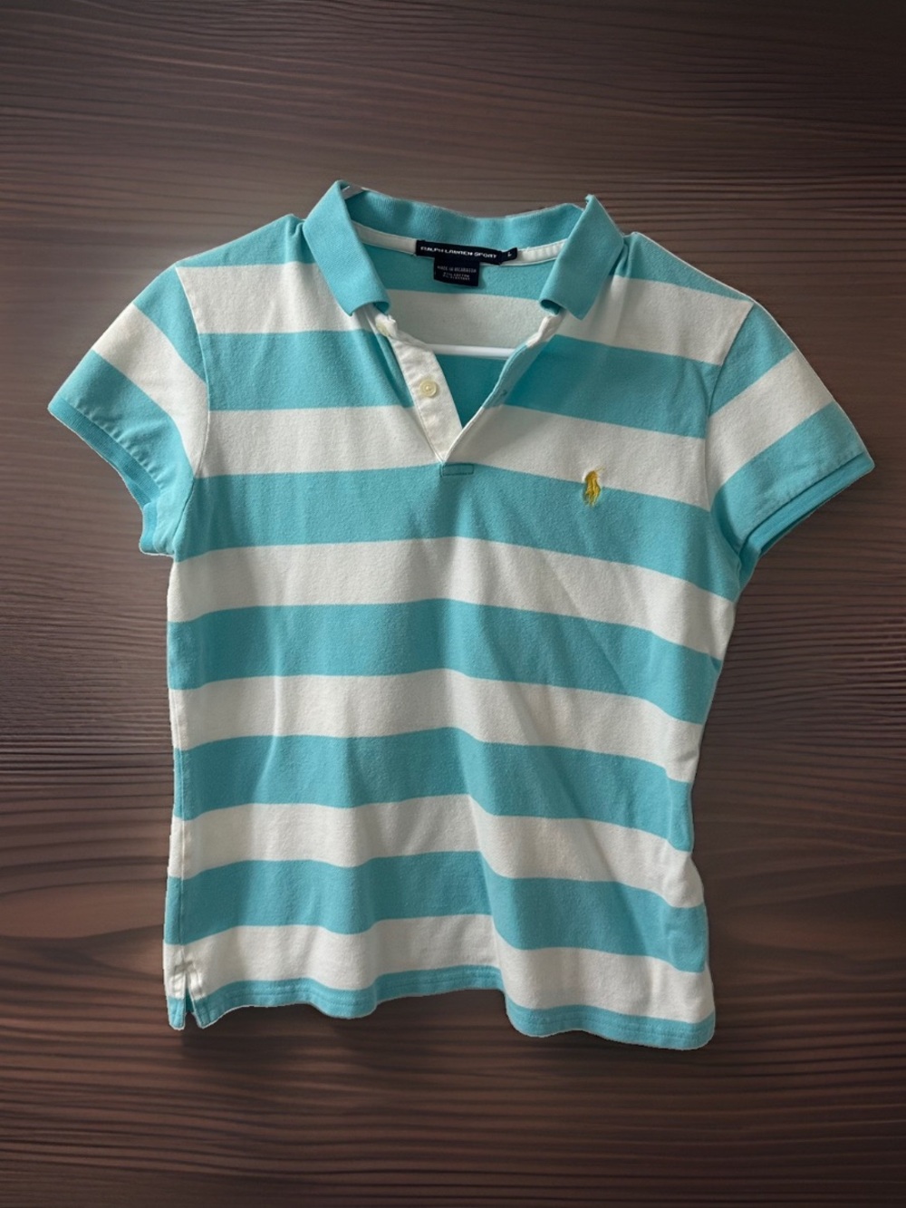 Ralph Lauren Sport Women’s L Polo Shirt Aqua White Striped Yellow Pony Preppy